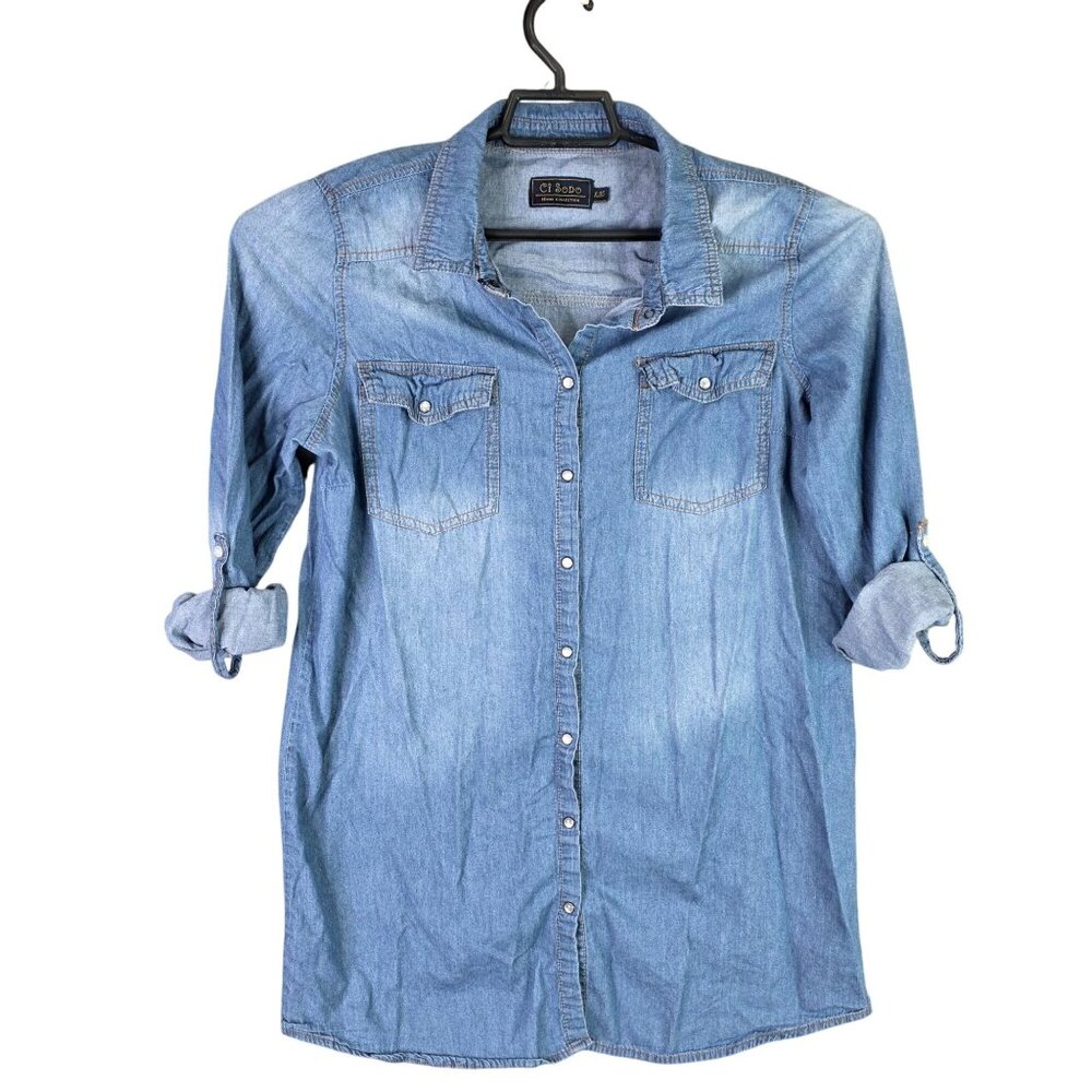 Womens Ci Sono Blue Denim Tunic Shirt Snap Button Up Roll Tab Sleeves Cotton XL